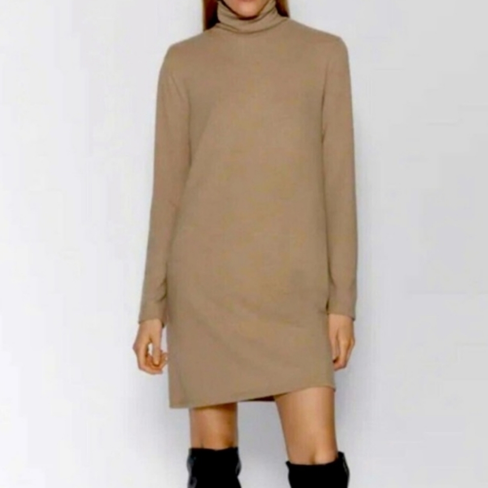 Zara Turtleneck Tan Long Sleeve Tunic Sweater Dress S - Picture 1 of 12